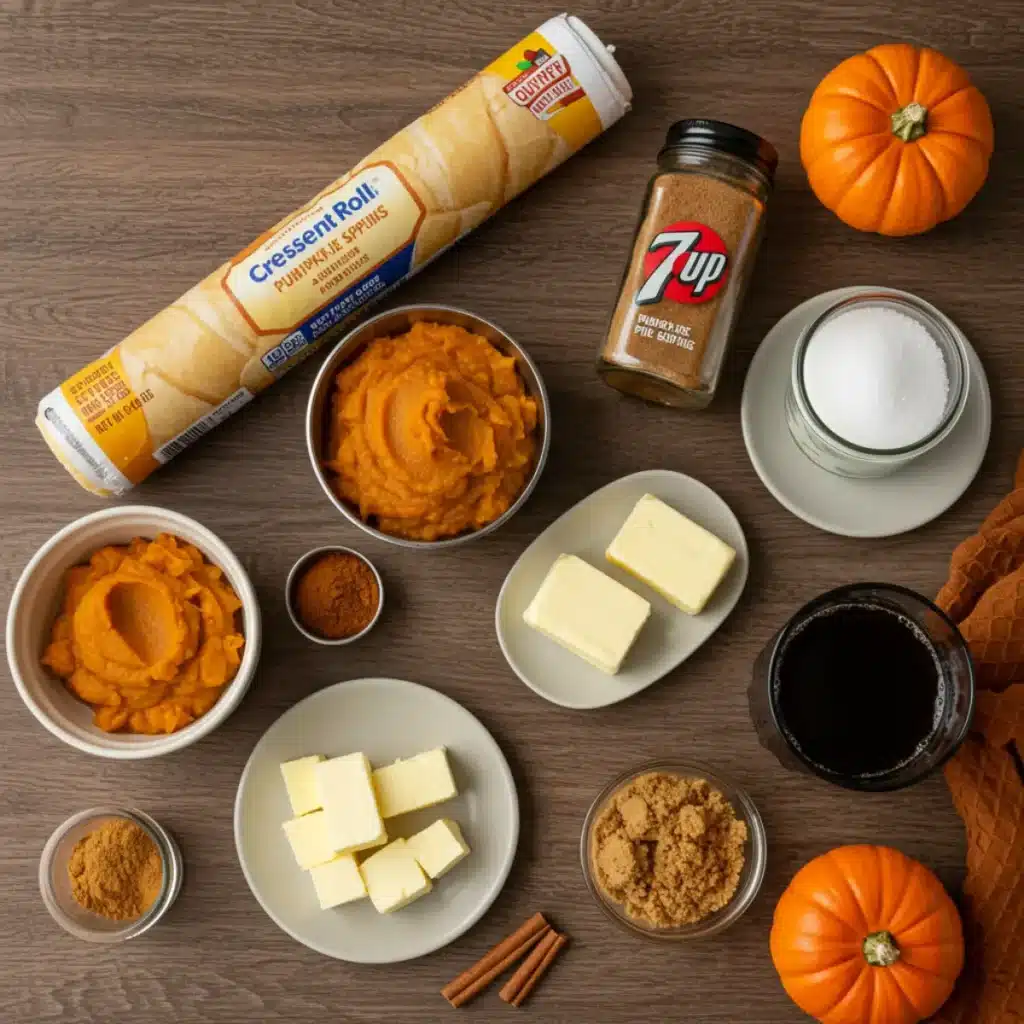 Ingredients for Crescent Roll Pumpkin Pie Dumplings on wooden table