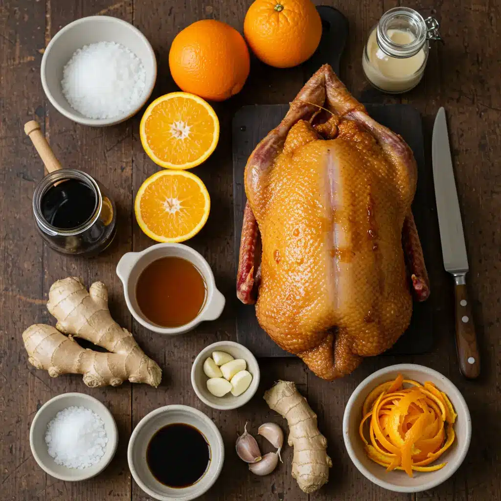 Crispy Roast Duck Orange Glaze ingredients flat lay