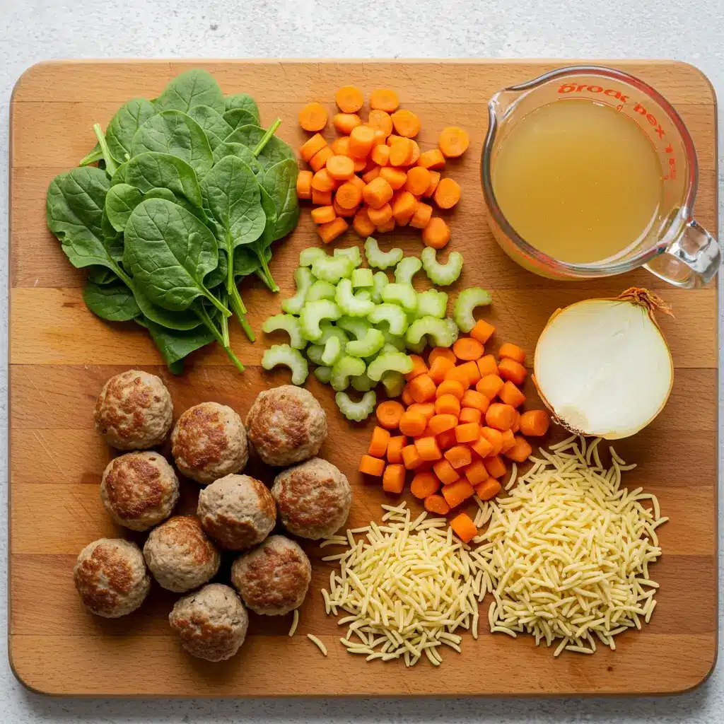 Crock Pot Italian Wedding Soup ingredients on a wooden board