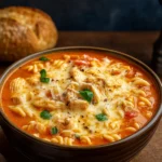 crockpot chicken parmesan soup with cheese topping