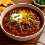 Crockpot Chili with Ground Beef and Beans served in a bowl with toppings