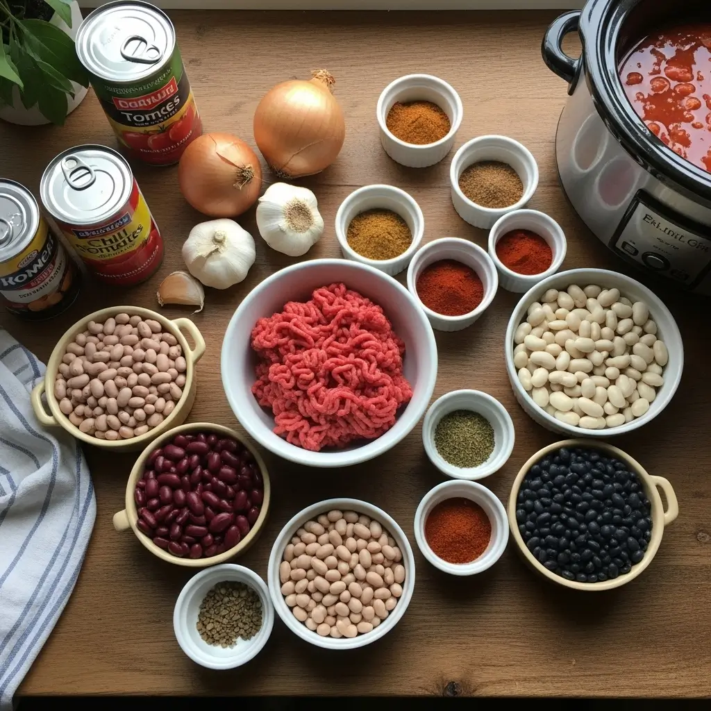 Crockpot Chili with Ground Beef and Beans ingredients laid out on a rustic table
