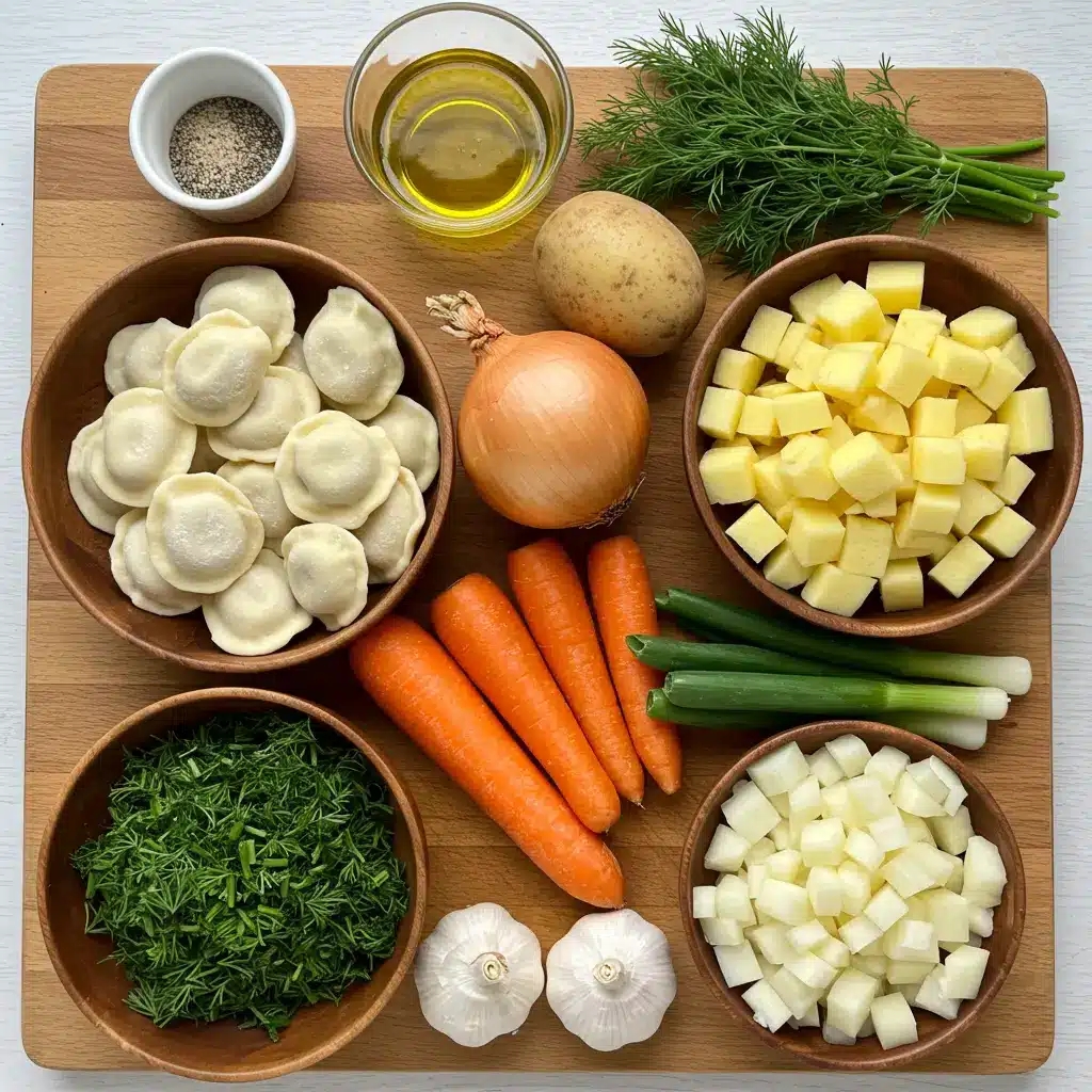 Ingredients for Dill Pierogi Soup neatly arranged
