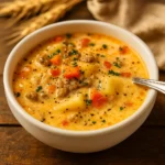 easy cheeseburger soup in bowl with bacon and cheese