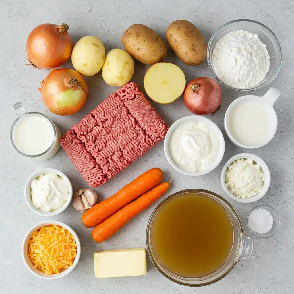 easy cheeseburger soup ingredients laid out on counter