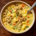 easy slow cooker cheeseburger soup in a rustic bowl