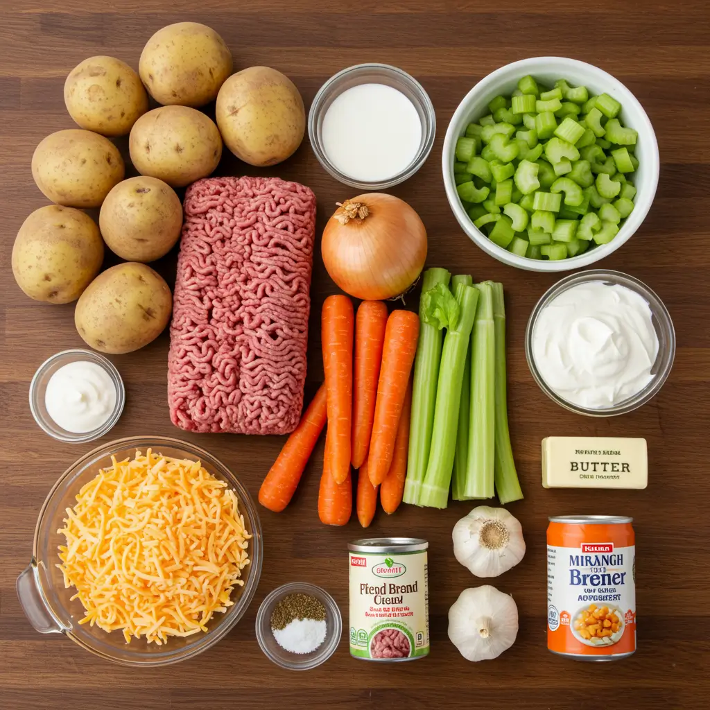 easy slow cooker cheeseburger soup ingredients flat lay