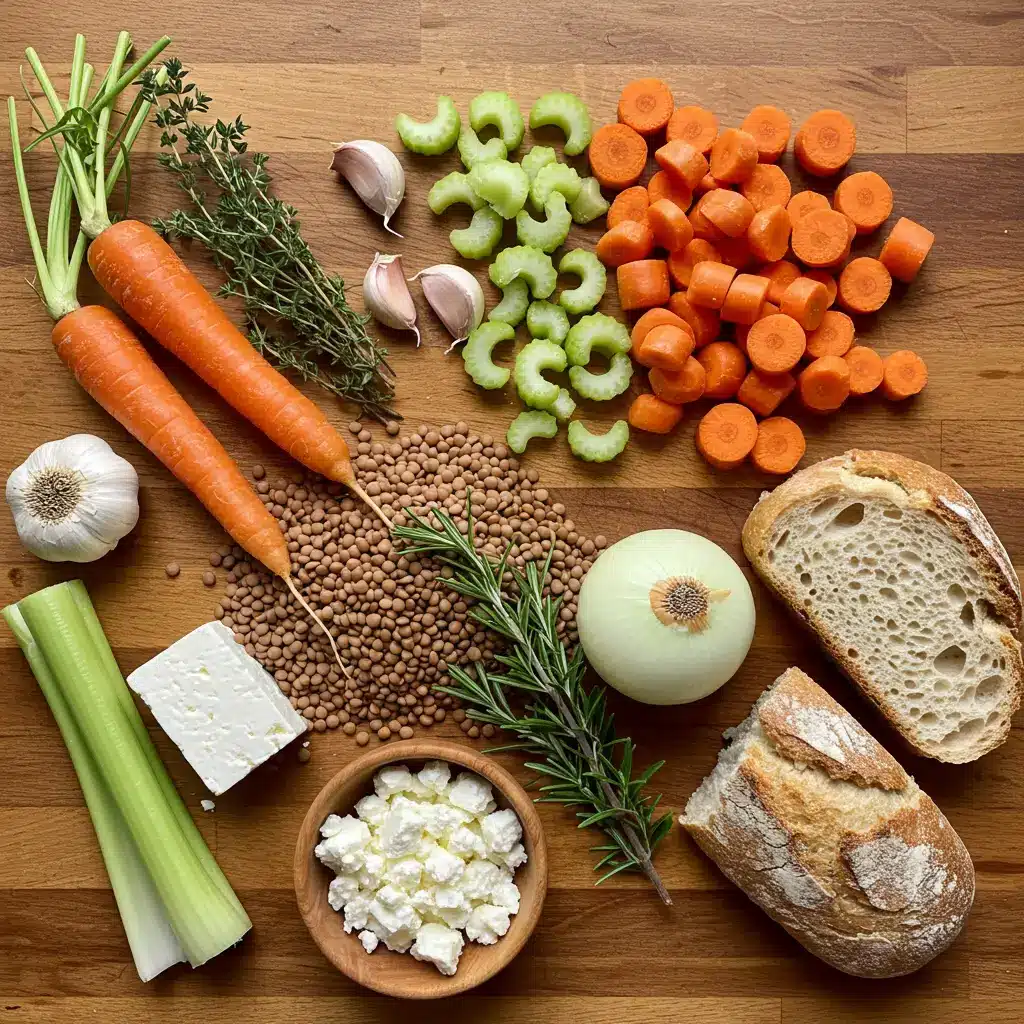 Ingredients for French Lentil Soup With Crispy Bread And Feta