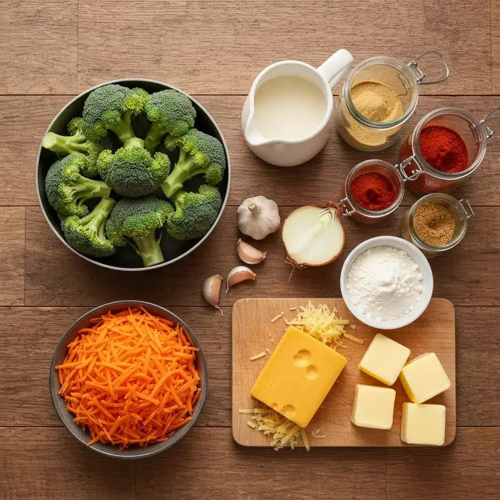 fresh ingredients for broccoli cheddar soup