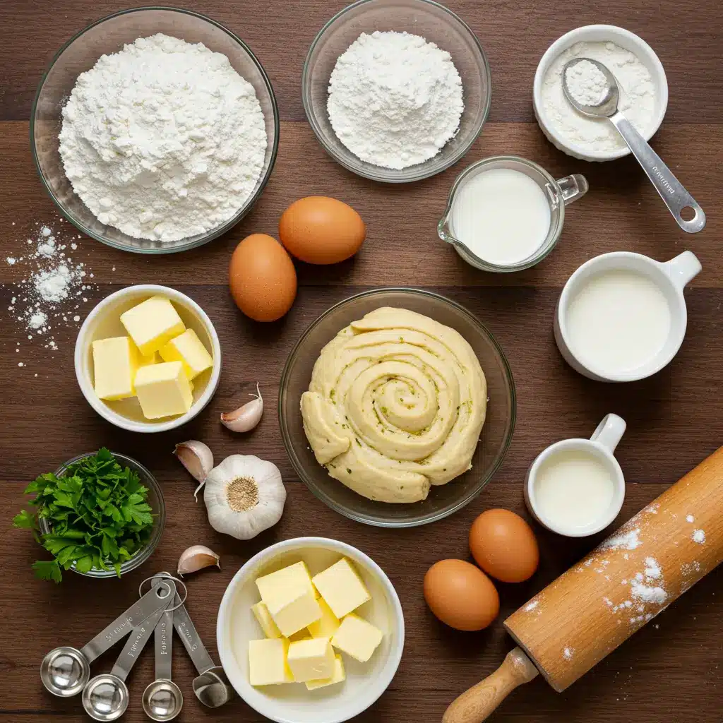Garlic Swirl Rolls ingredients on kitchen counter