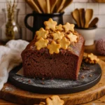 gingerbread loaf cake topped with star cookies on wooden board