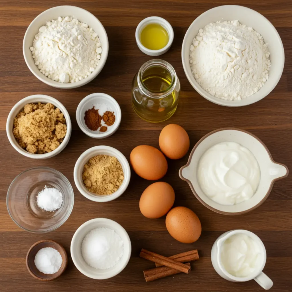 gingerbread loaf cake ingredients flat lay on rustic table
