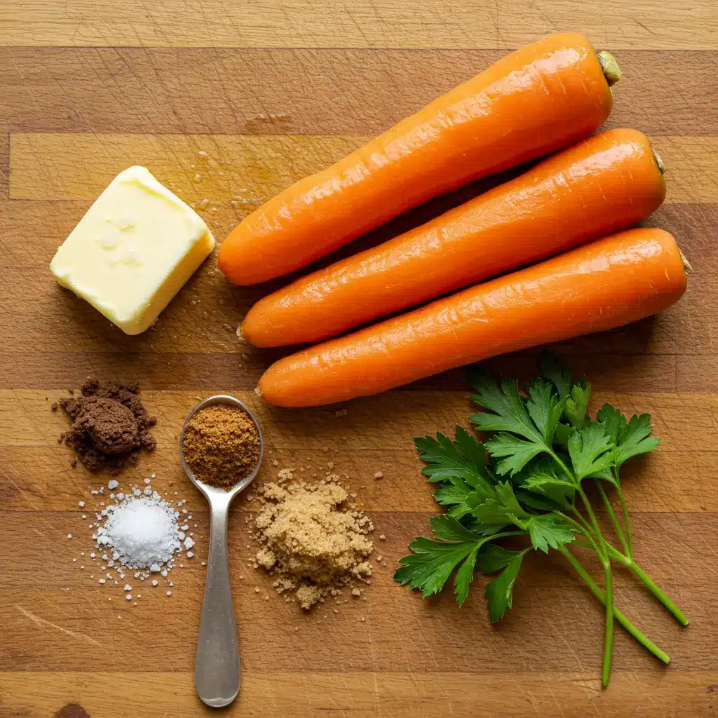Ingredients for glazed carrots on wooden board