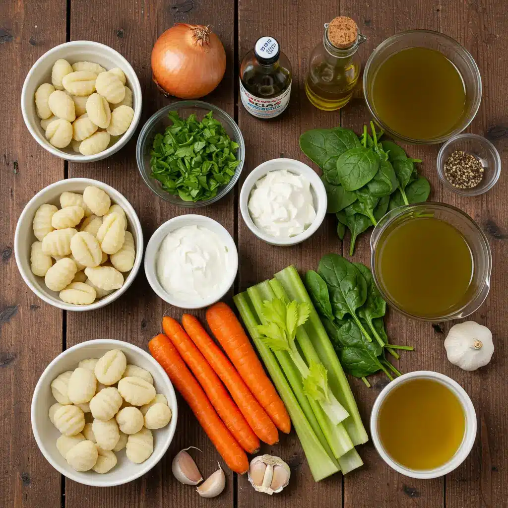 Ingredients for creamy vegan gnocchi soup