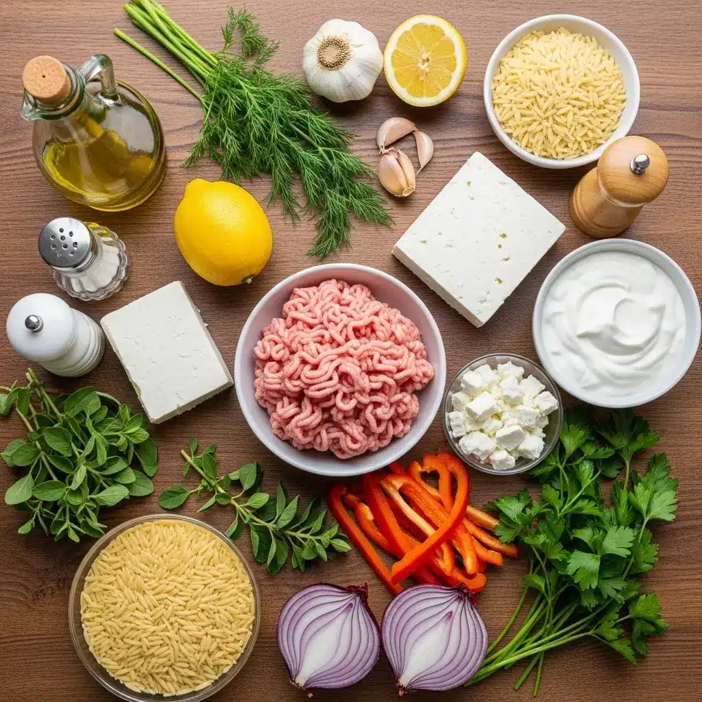 Ingredients for Greek Turkey Meatballs with Lemon Orzo and Feta Sauce