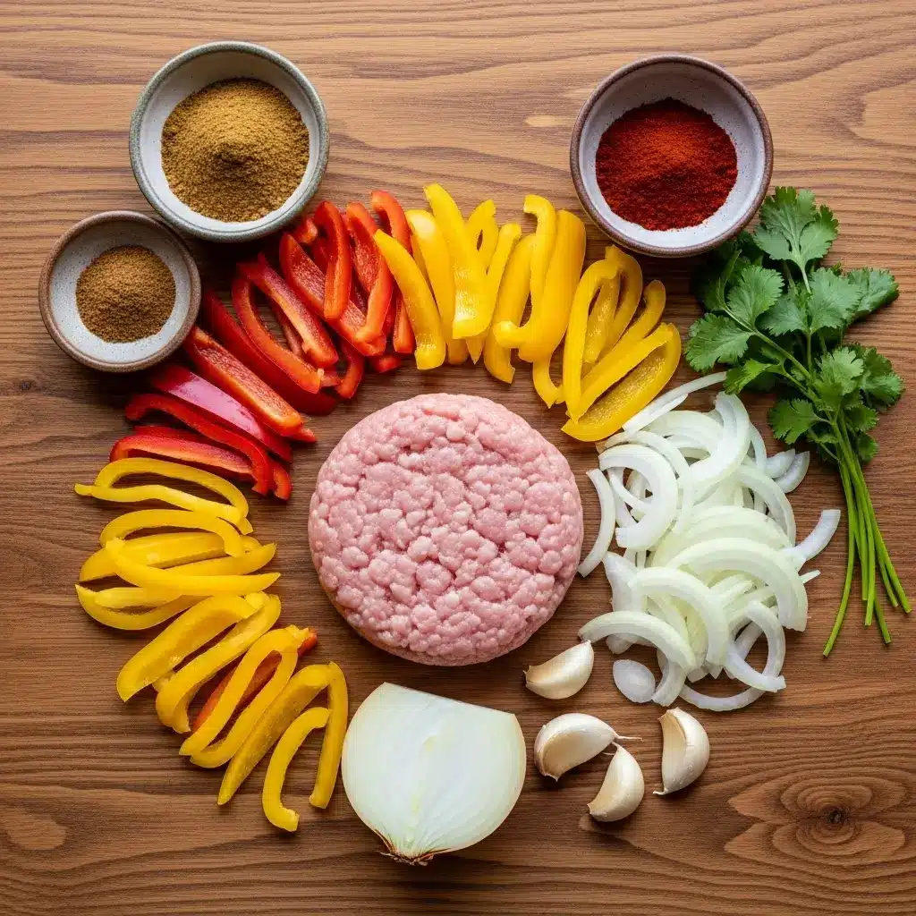 Ingredients for Ground Turkey and Peppers Stir-Fry on wooden table