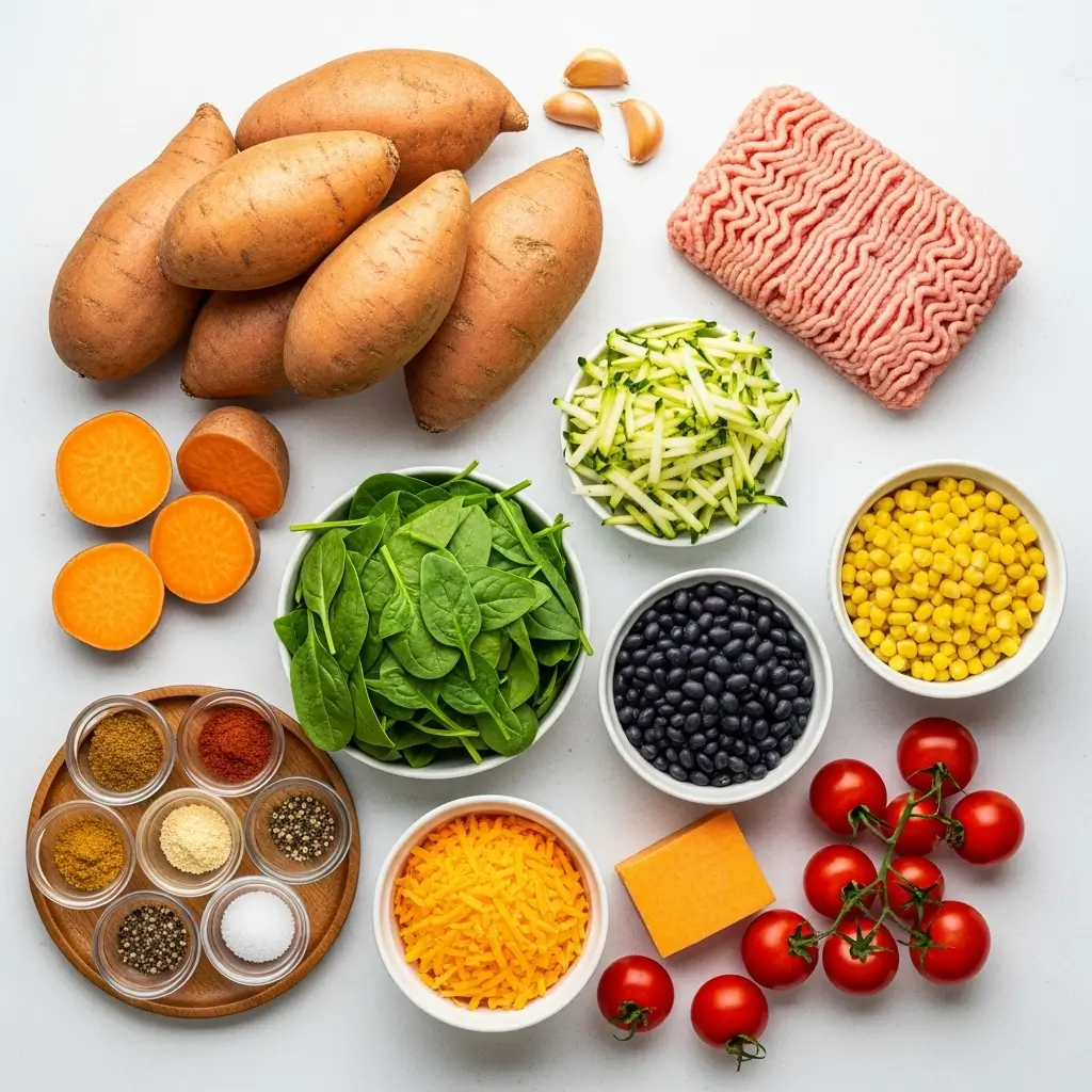 ingredients for ground turkey stuffed sweet potato