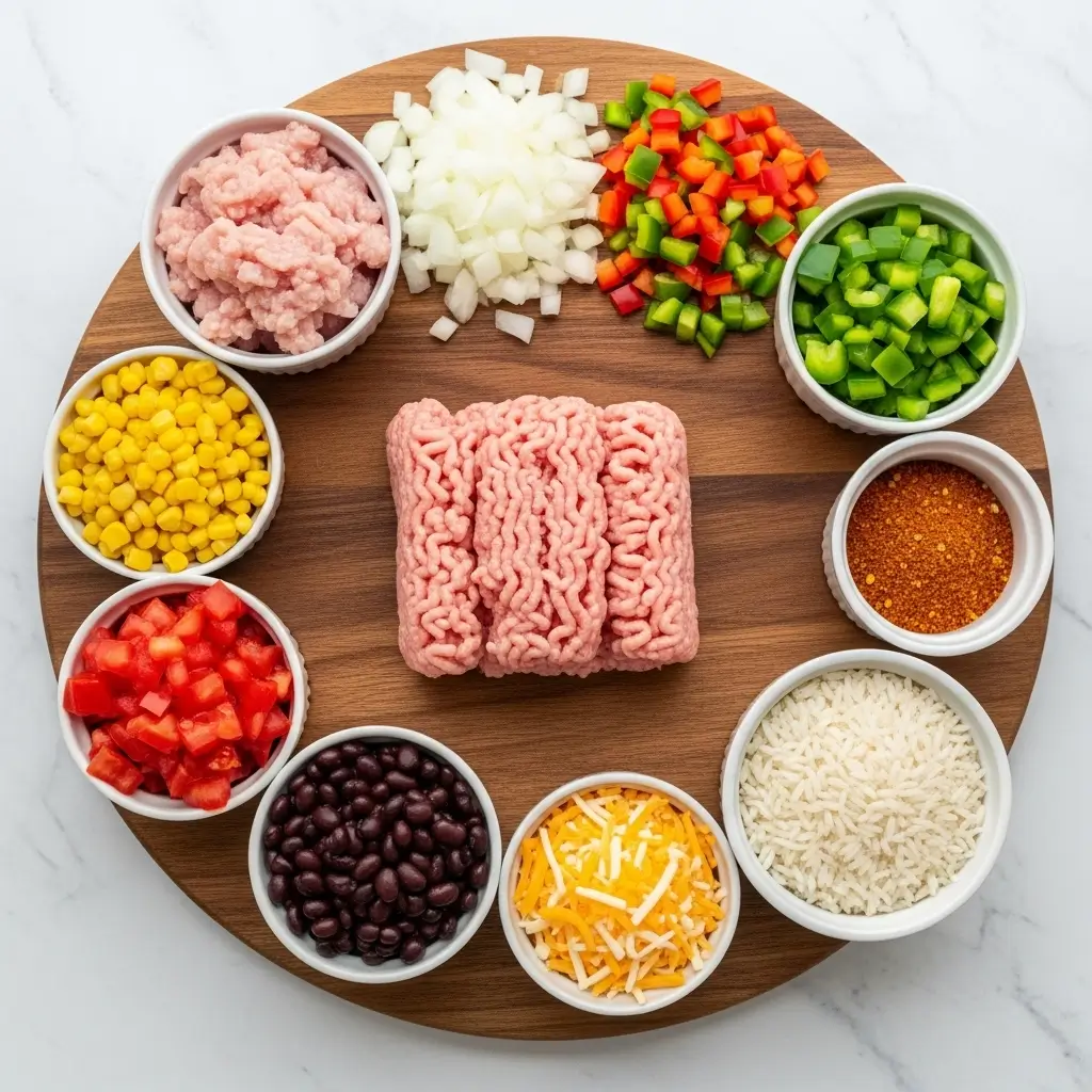 ground turkey taco skillet ingredients flat lay
