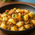 ground turkey with potatoes in a skillet