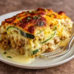 Ground Turkey Zucchini Casserole baked with golden cheese