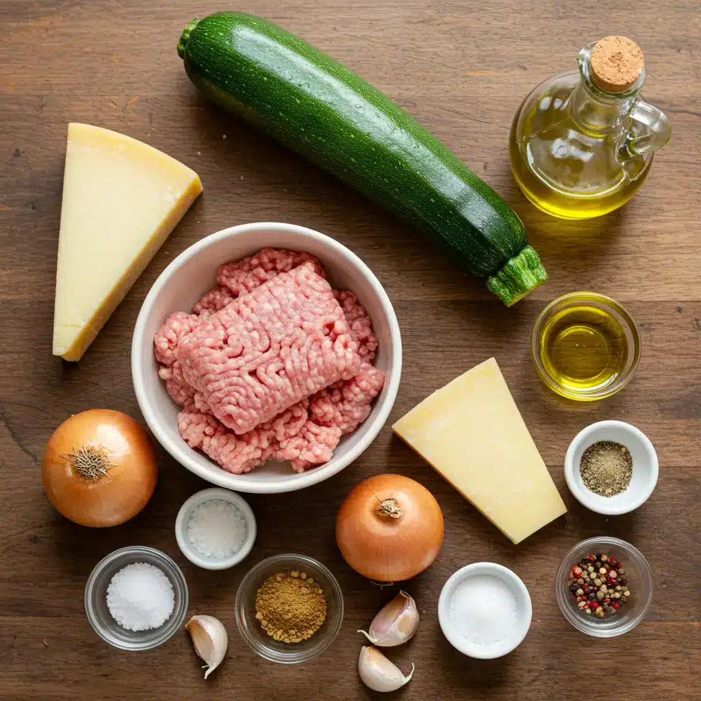 Fresh zucchini, ground turkey, Parmesan, onion, and spices for skillet recipe