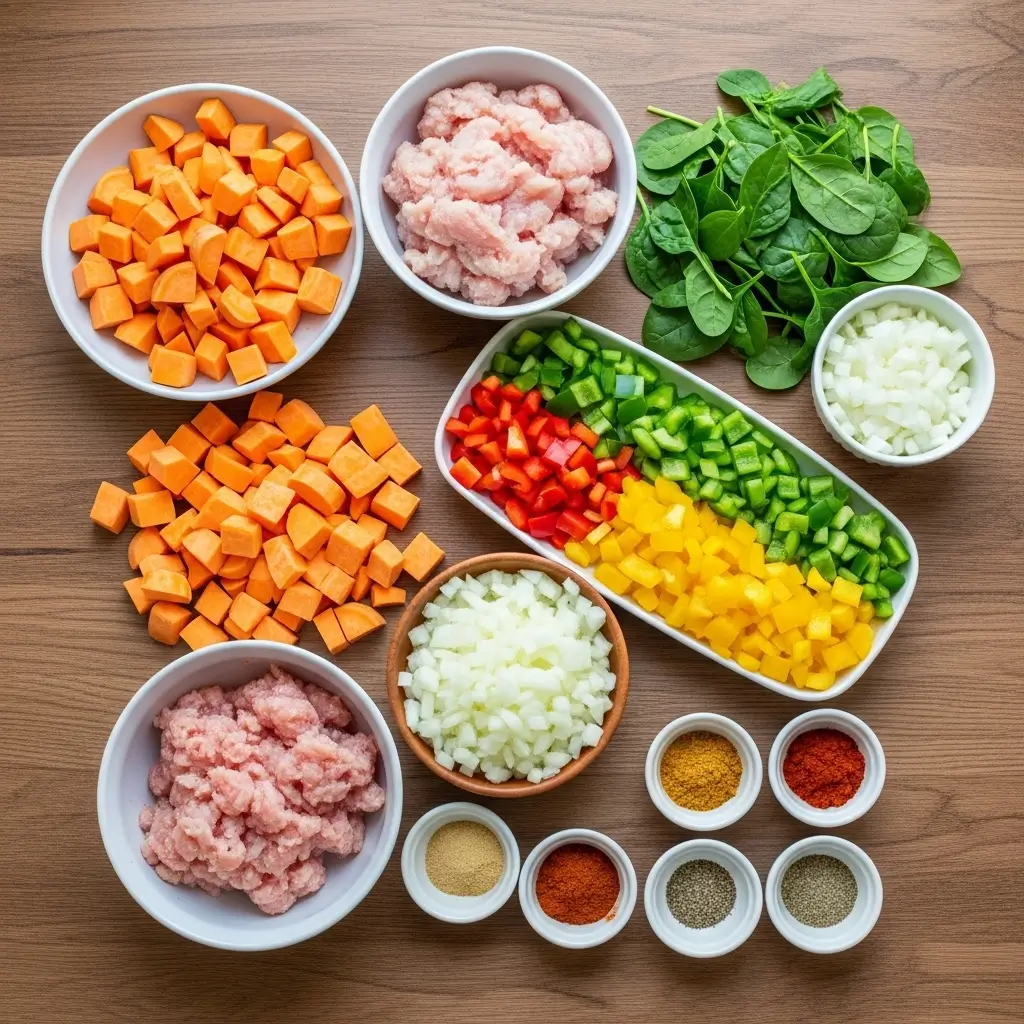 ingredients for healthy ground turkey sweet potato bake with sweet potatoes, ground turkey, spinach, and spices
