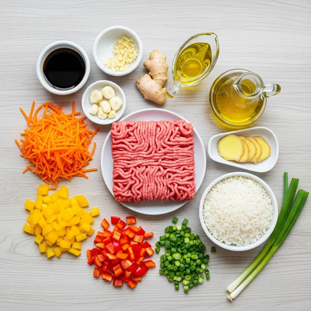 Healthy Ground Turkey Teriyaki Rice Bowl ingredients flat lay