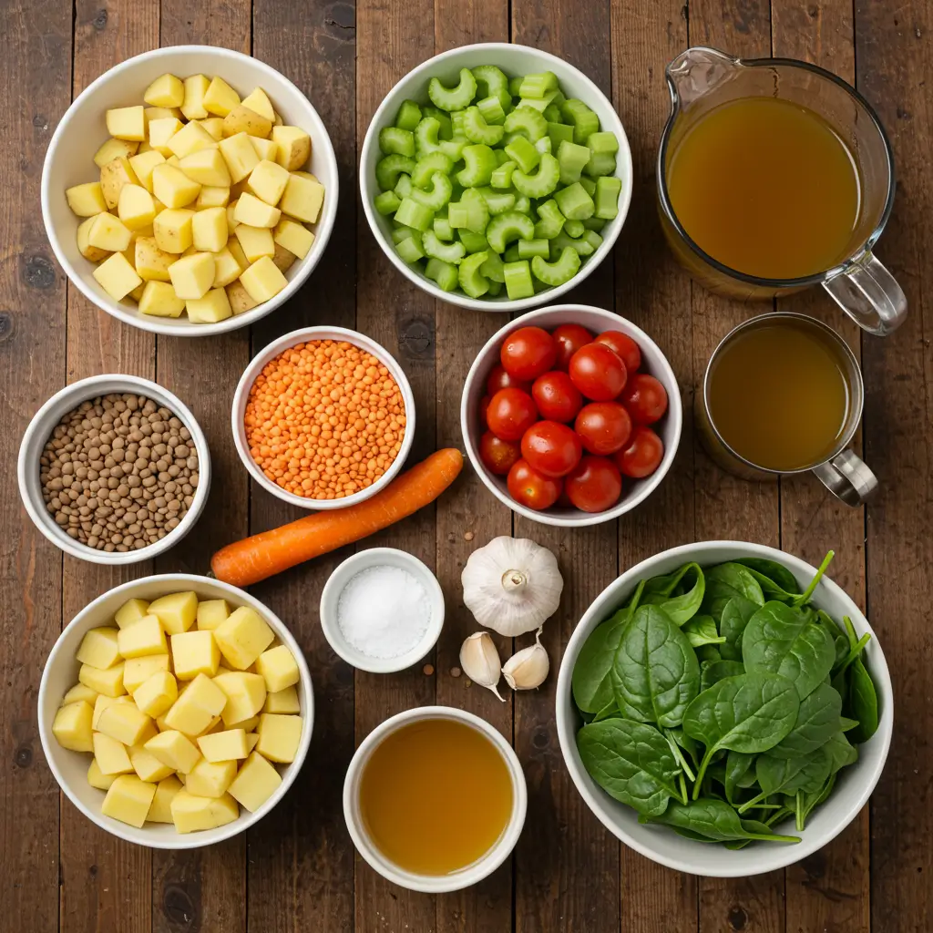 overhead flat lay of hearty lentil and potato soup ingredients on rustic wooden table