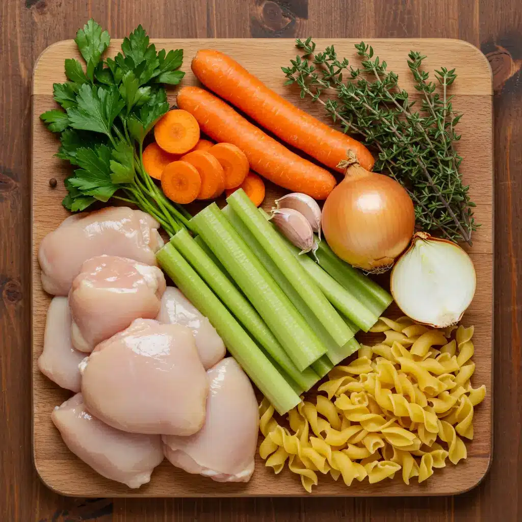 homemade chicken noodle soup ingredients on board