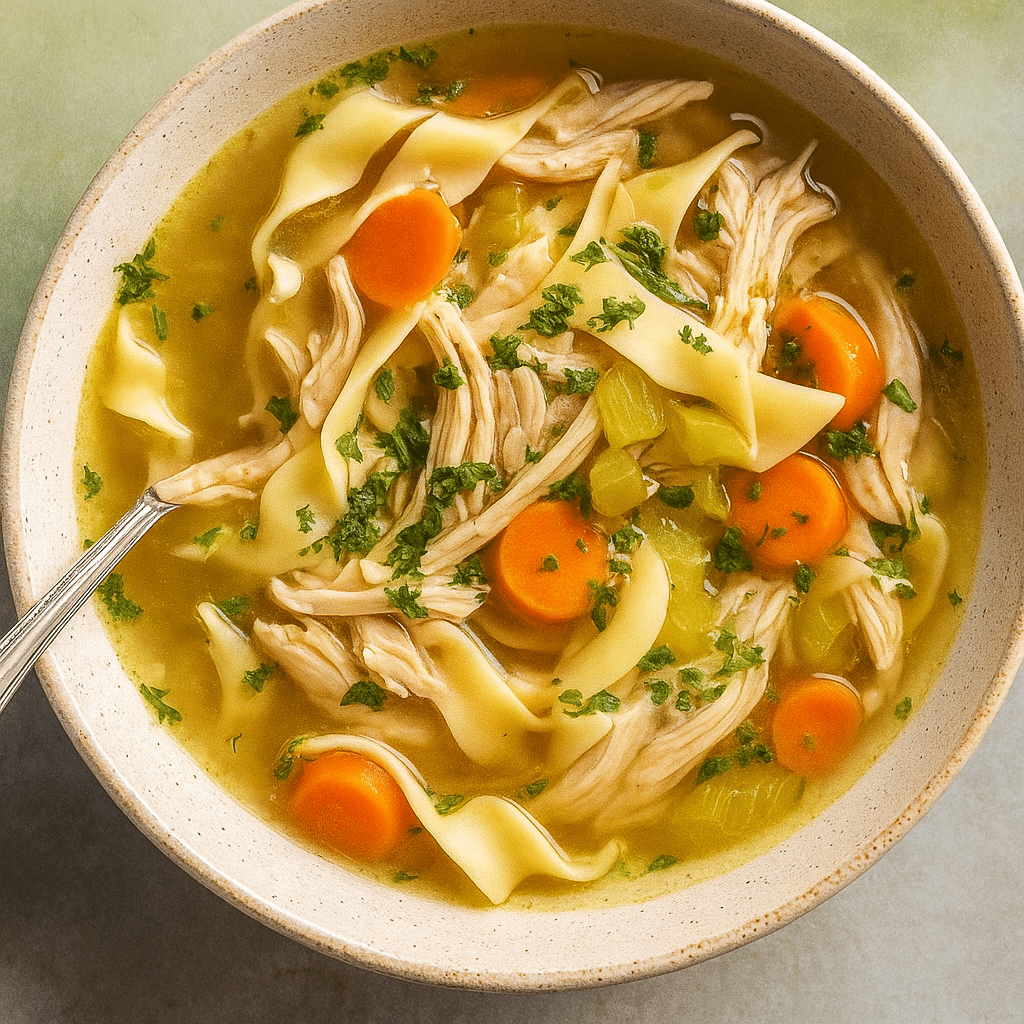 homemade chicken noodle soup in rustic bowl