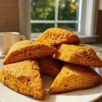 Homemade Pumpkin Scones stacked on a plate with coffee