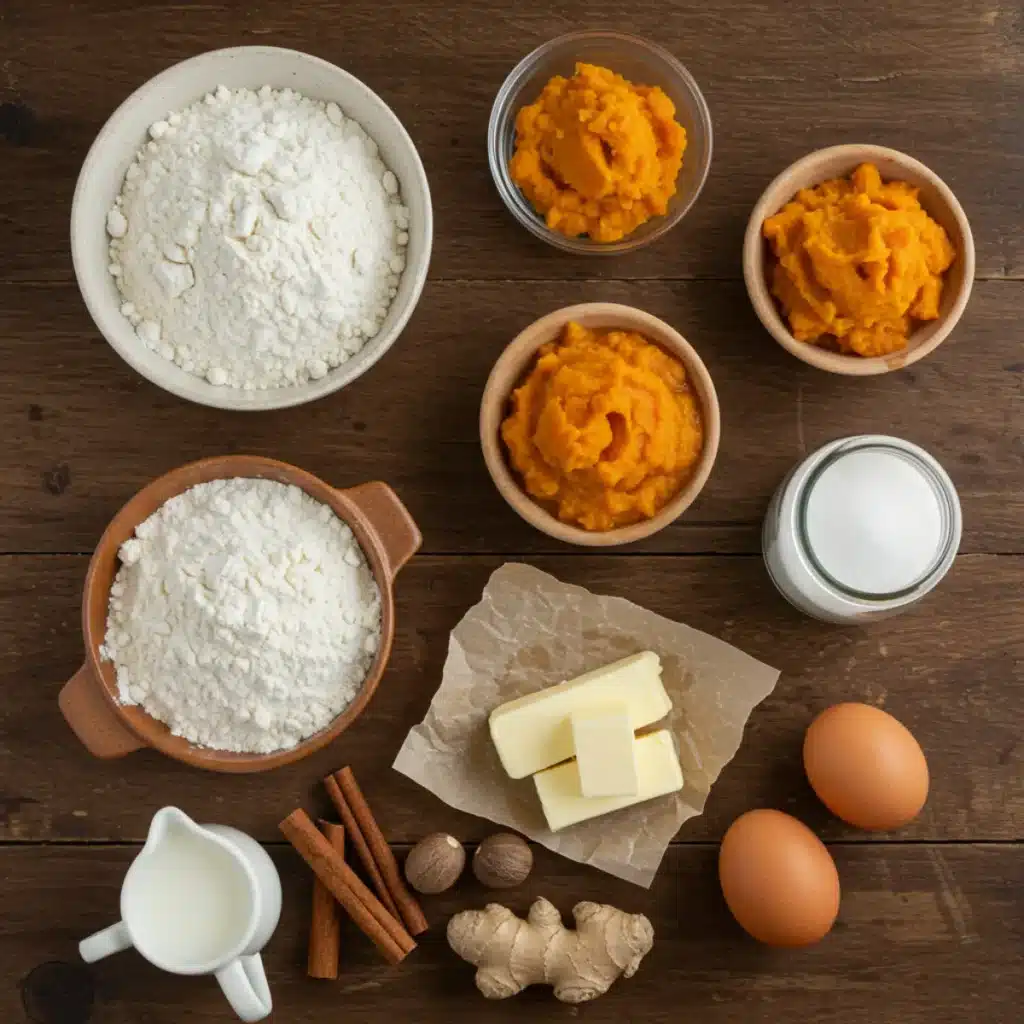 Homemade Pumpkin Scones ingredients flat lay on kitchen table