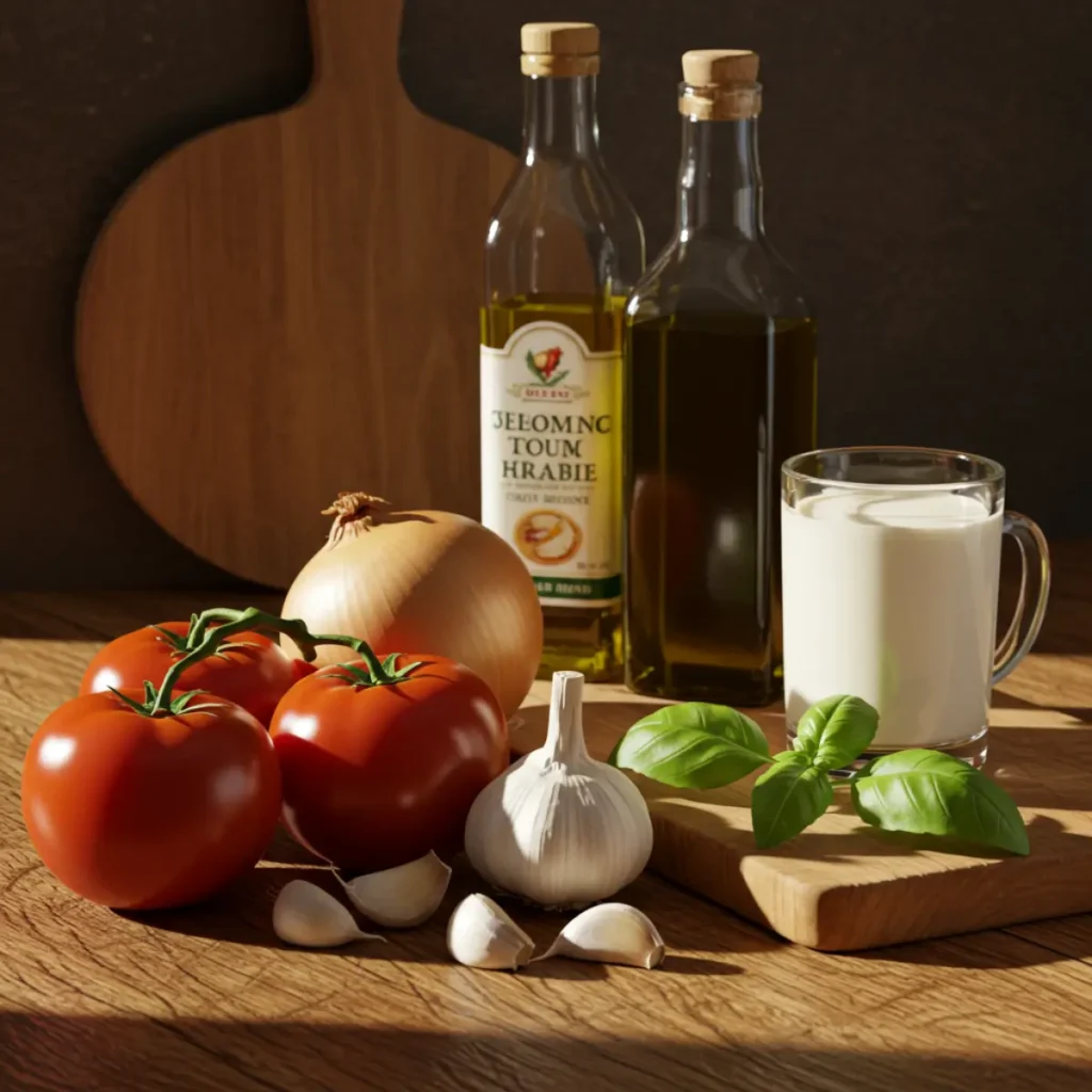 Ingredients for Homemade Tomato Soup on kitchen counter