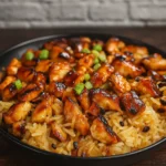 Honey BBQ Chicken Rice one-pan dinner in skillet