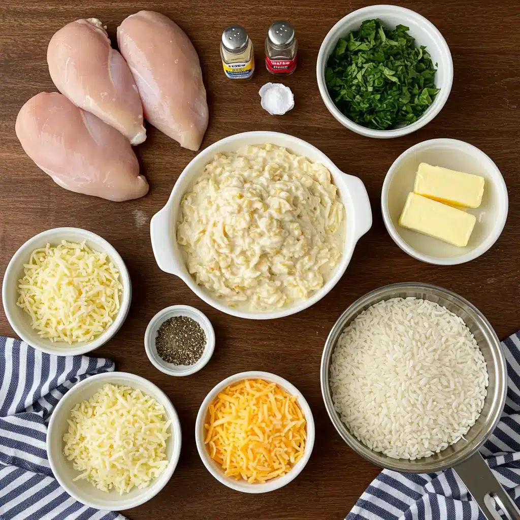 ingredients for creamy smothered chicken and rice recipe
