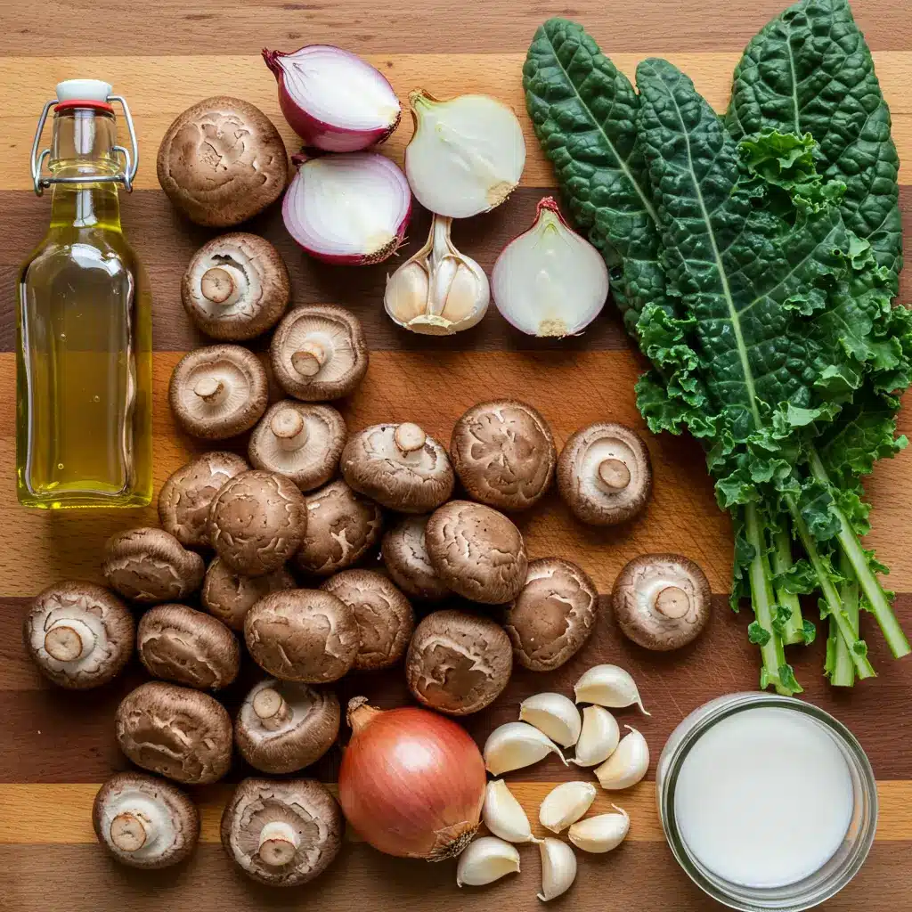 Ingredients for Wild Mushroom, Caramelized Onion and Kale Soup