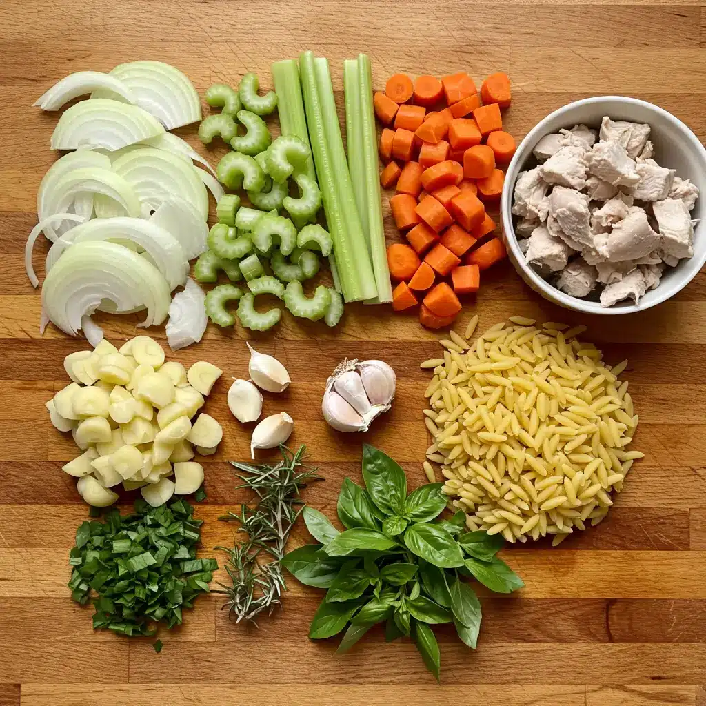 Ingredients for Italian Chicken Pastina Soup displayed on a kitchen counter