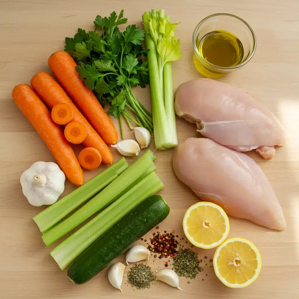 Italian Penicillin Soup Recipe fresh ingredients flat lay