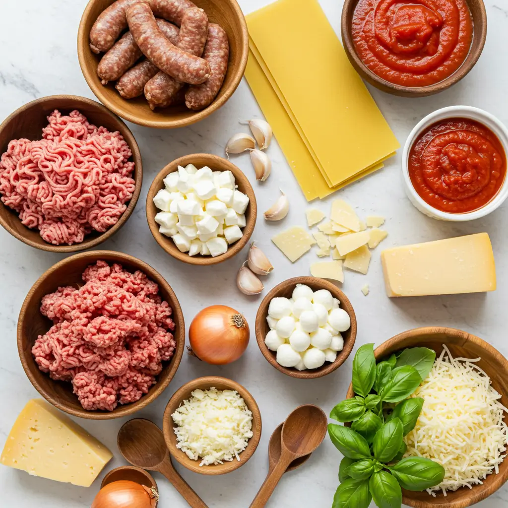 Ingredients for Lasagna Soup with Sausage and Ground Beef
