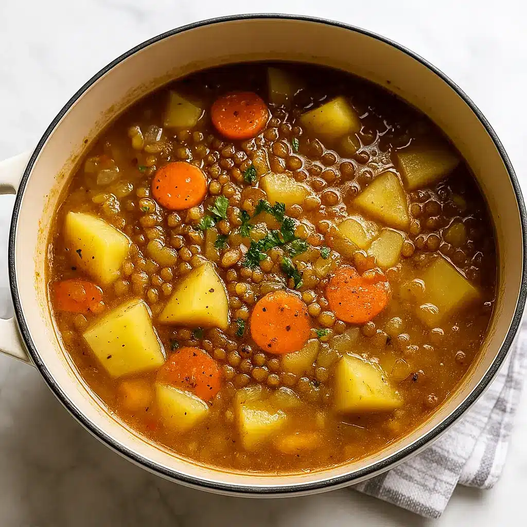 lentil soup recipe with carrots and potatoes in a pot