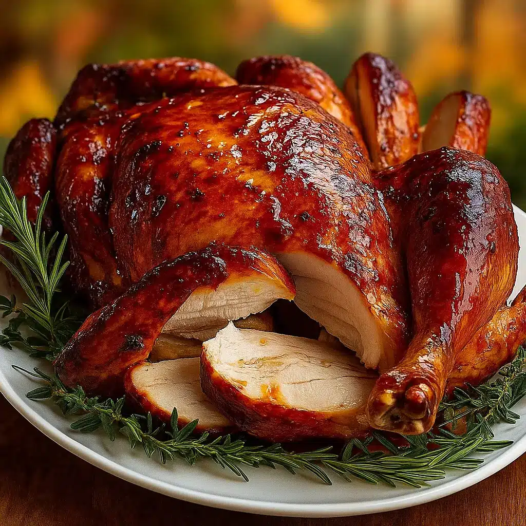 Maple Butter Glazed Turkey holiday roast centerpiece