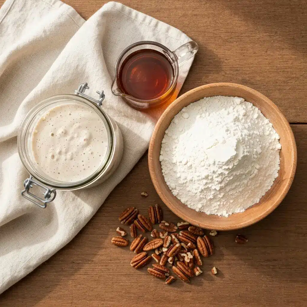 Maple Pecan Sourdough Bread ingredients with starter, maple syrup, flour, and pecans
