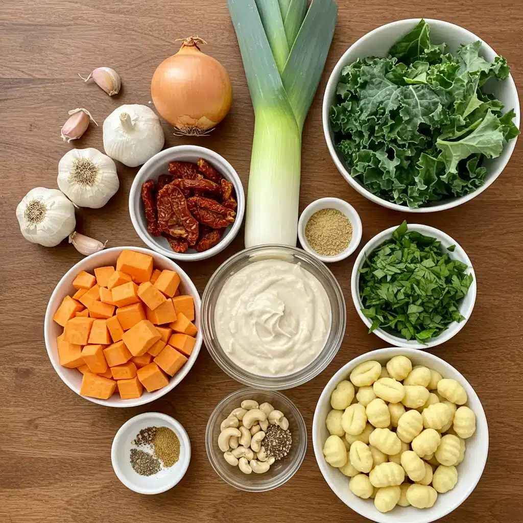 ingredients for marry me tuscan vegetable soup laid out on wooden table