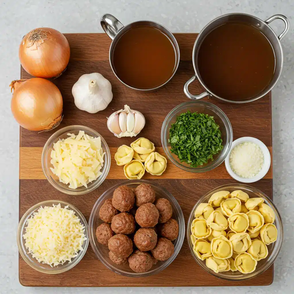 Ingredients for Meatball Tortellini Soup arranged on a wooden board