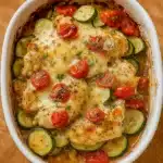 Mediterranean Chicken Zucchini Bake in rustic pan