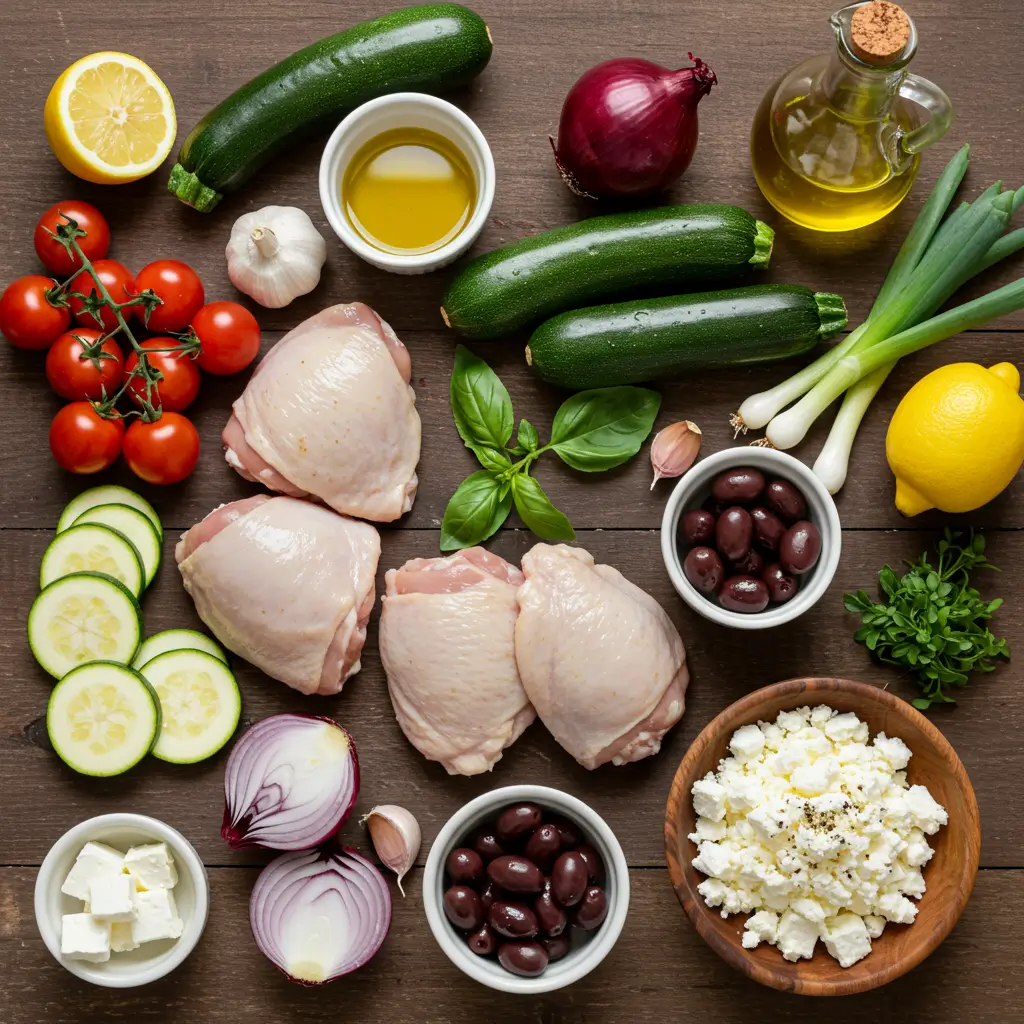 Mediterranean Chicken Zucchini Bake ingredients on table