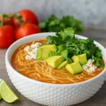 Mexican Sopa de Fideo soup in a bowl with garnishes