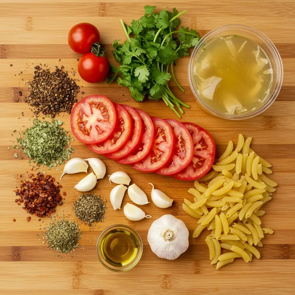 Ingredients for Mexican Sopa de Fideo laid out on table
