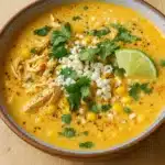Mexican Street Corn Soup in a rustic bowl with queso fresco and lime