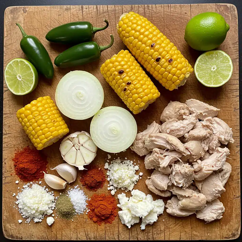 Ingredients for Mexican Street Corn Soup on a wooden board